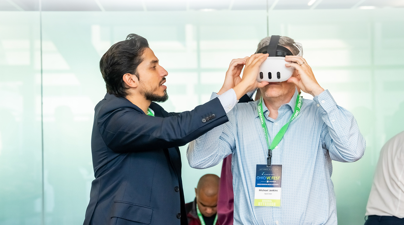 Ohio VC Fest attendee trying virtual reality technology.